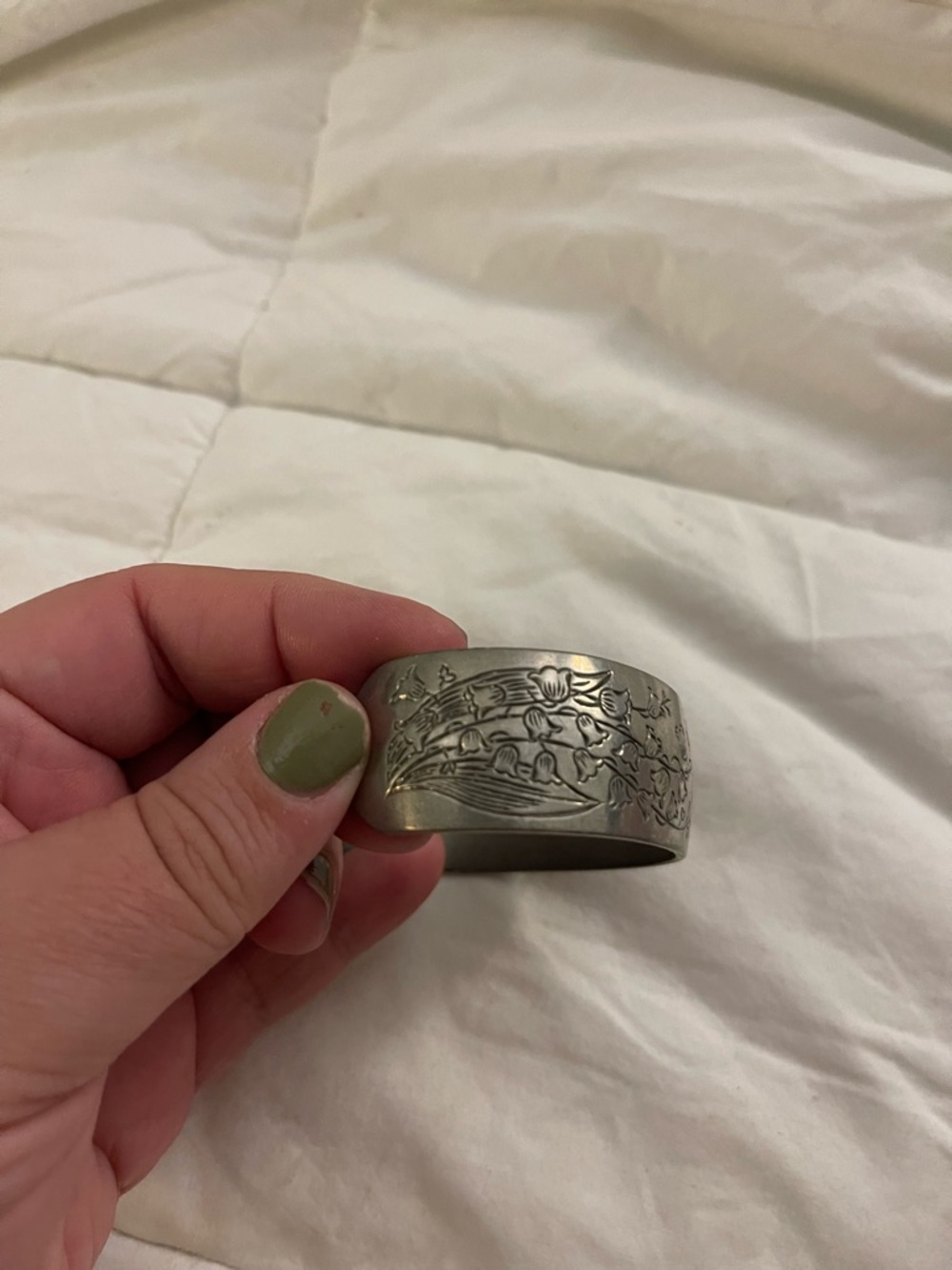Vintage Kirk Pewter Floral Engraved Cuff Bracelet - May, Lilly Of The Valley